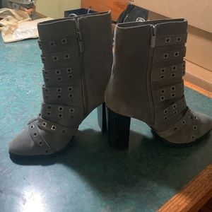 Fergie Gray Suede Buckle zip up boots 9M